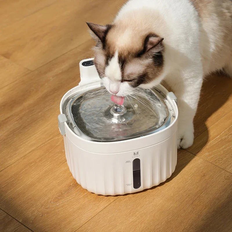 Fontaine à eau pour chat, blanche, avec réservoir en acier inoxydable, design élégant.