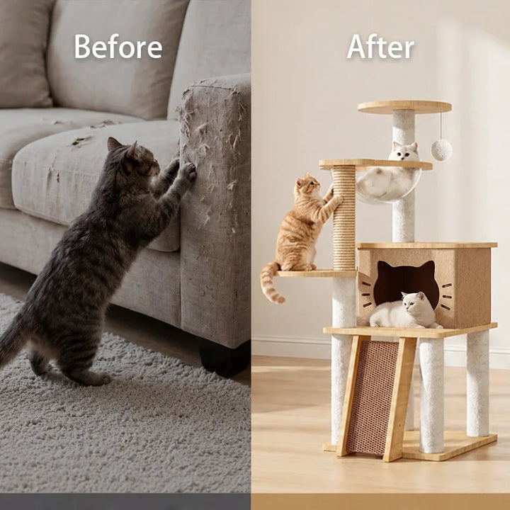 Arbre à chat multi-niveaux avec hamac et poteaux à griffer