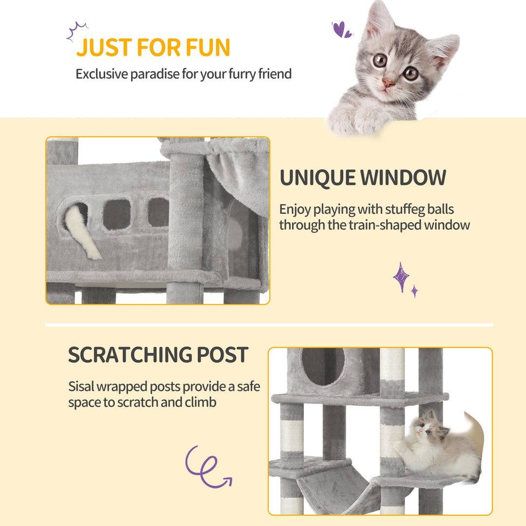 Arbre à chat 210 cm gris clair avec niches, hamac et griffoirs sisal