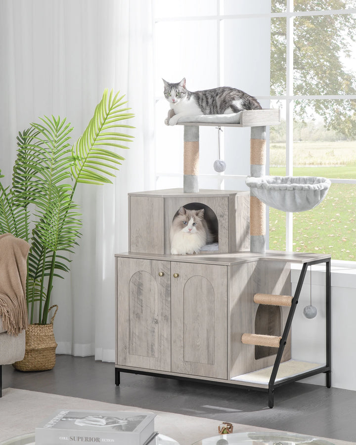 Meuble arbre à chat avec cache litière intégré et hamac