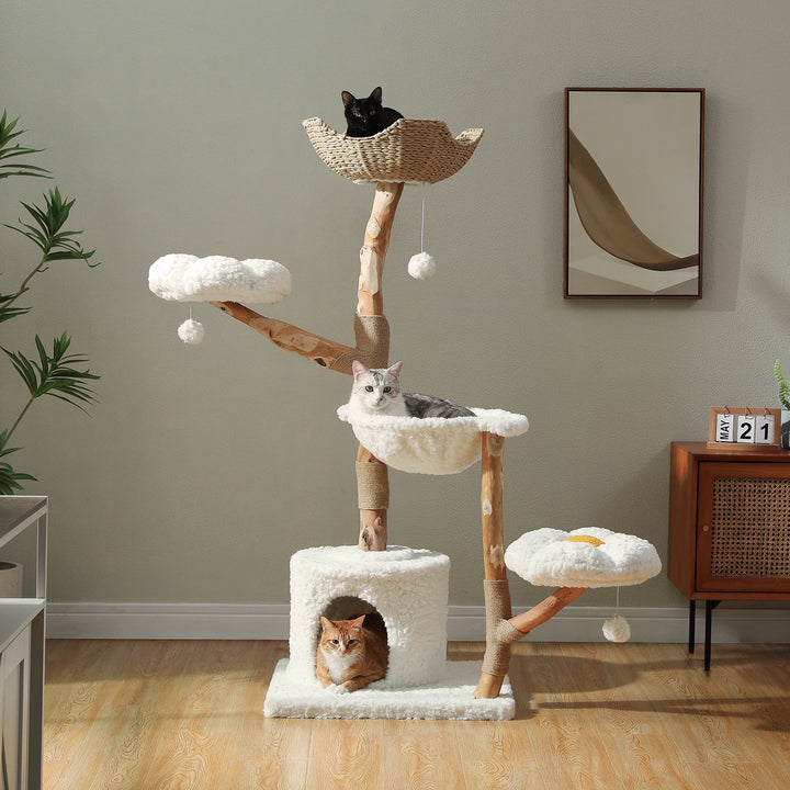 Arbre à chat 150 cm en bois massif avec panier tressé et plateformes fleur