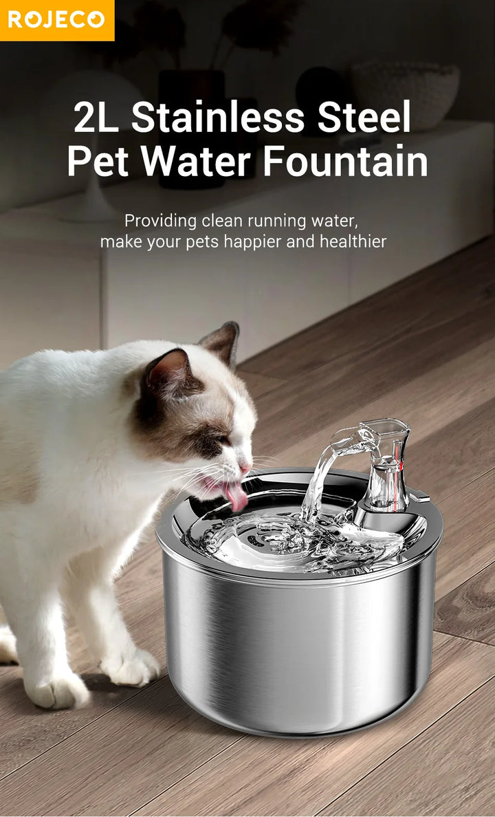 Fontaine à eau pour animaux de 2L en acier inoxydable, donnant de l'eau courante propre.
