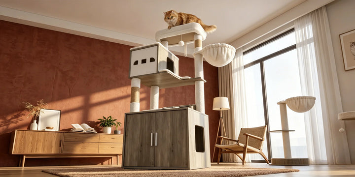 Arbre à chat 150 cm avec cache litière fermé et gamelles en inox