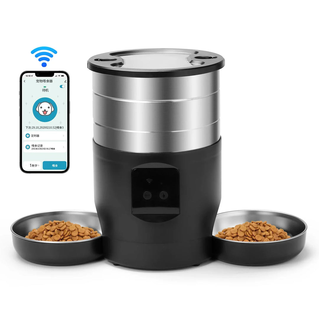 Distributeur automatique de nourriture pour animaux, noir et argenté, connectivité Wi-Fi, 2 bols en acier inoxydable.