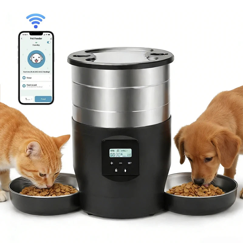 Distributeur automatique de nourriture pour animaux, noir et argenté, avec application et programmation.