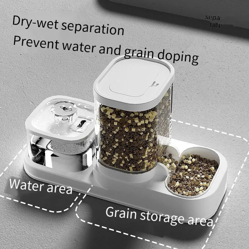 Distributeur de nourriture et d'eau pour animaux, blanc, avec séparation humide-sèche.