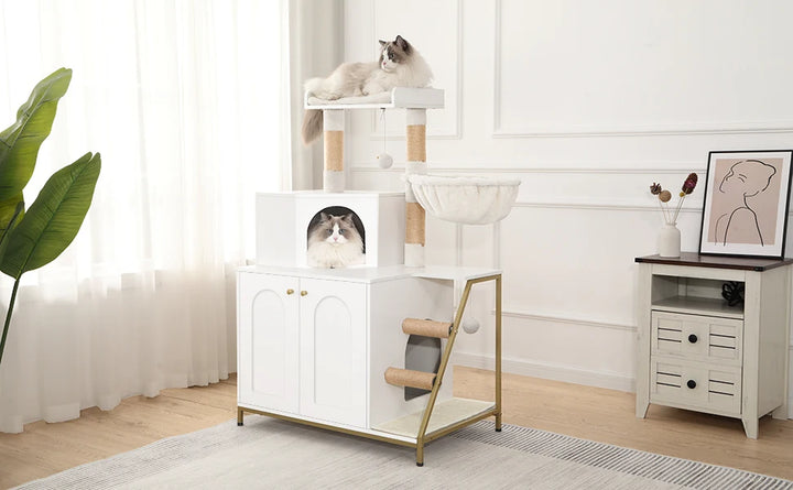 Meuble arbre à chat avec cache litière intégré et hamac