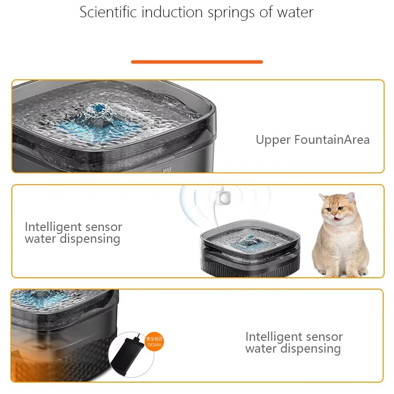 Distributeur d'eau intelligent pour animaux, gris, avec capteur, fontaine à eau, fonctionnalités avancées.