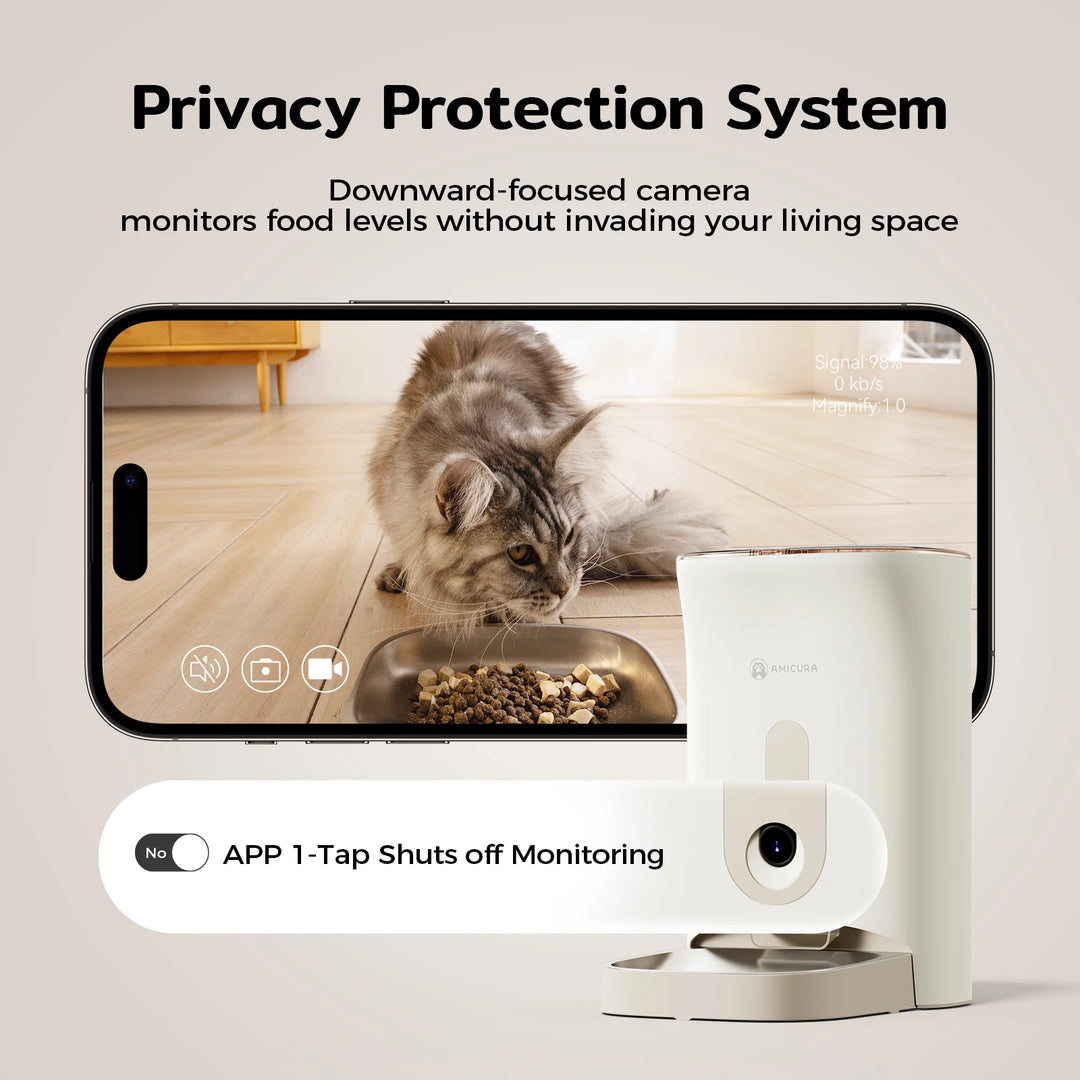 Système de protection de la vie privée avec caméra, surveillant la nourriture des animaux, design élégant, couleur blanche.