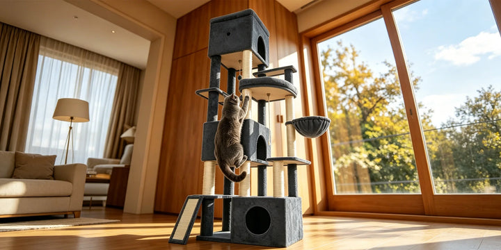 Arbre à chat XXL 202 cm gris foncé avec trois niches et hamac