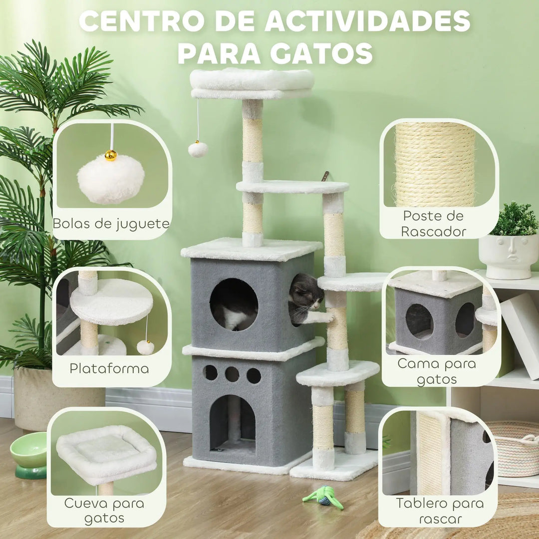 Arbre à chat 126 cm crème avec niches, hamac et griffoirs