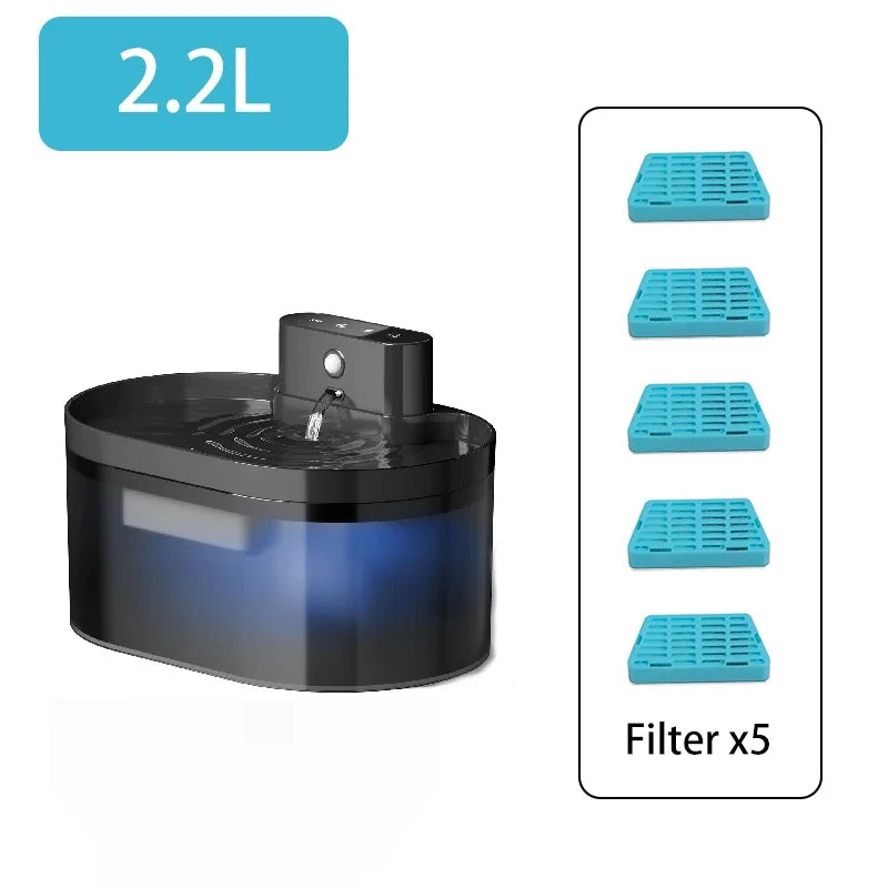 Fontaine à eau 2,2L en noir avec 5 filtres, design moderne et fonctionnalités pratiques.
