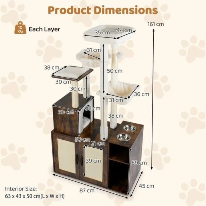 Meuble arbre à chat 3 en 1 avec cache litière et gamelles surélevées