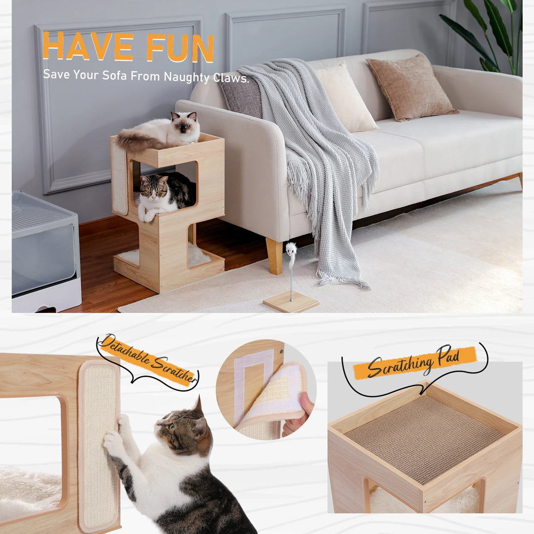 Multi-level wooden cat tree with condo - Model: "LuxiGriff"