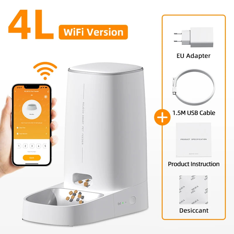 Distributeur automatique pour animaux, 4L, WiFi, couleur blanche, inclut adaptateur EU et câble USB 1,5 m.