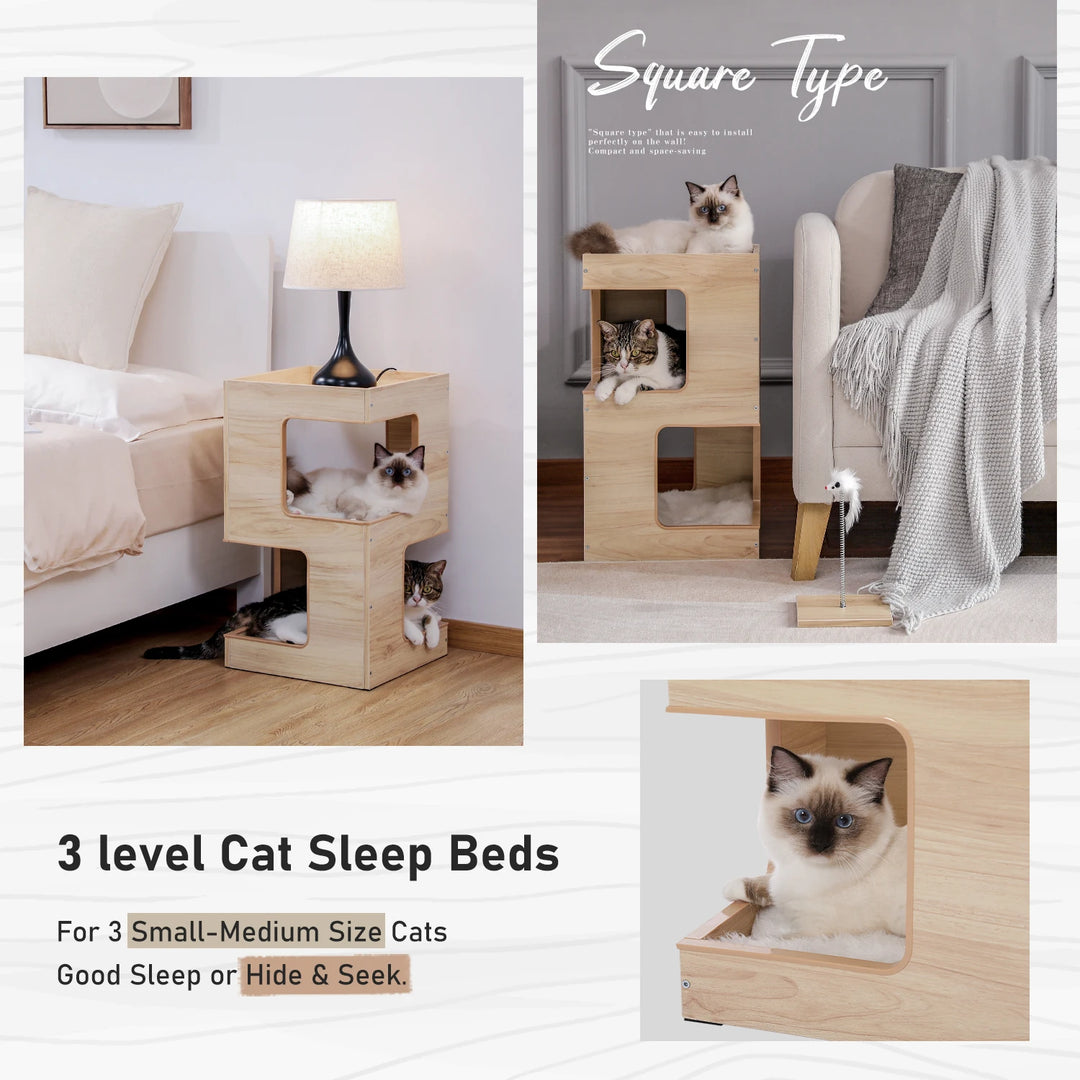 Multi-level wooden cat tree with condo - Model: "LuxiGriff"