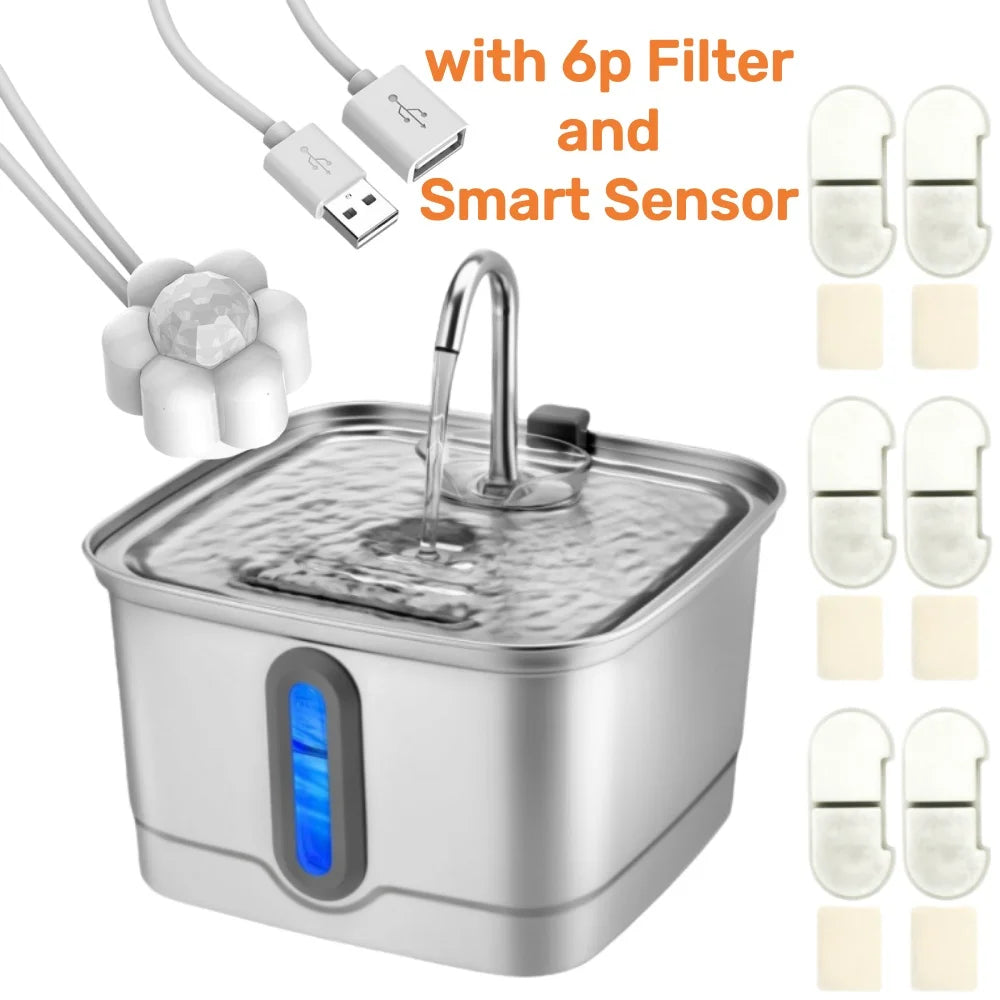 Fontaine à boire en acier inoxydable avec filtre 6p et capteur intelligent pour animaux de compagnie.