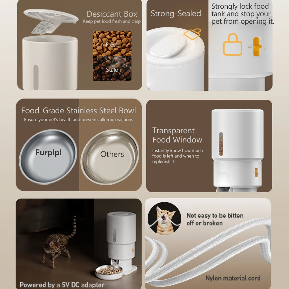 Distributeur de nourriture pour animaux en acier inoxydable, verre transparent, couleur blanche, protection étanche.