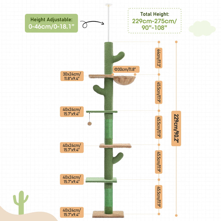 Adjustable floor-to-ceiling cactus-shaped cat tree - Model: "CactusEscapade"