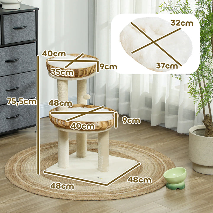 Arbre à chat 75 cm avec deux paniers en rotin et coussins lavables