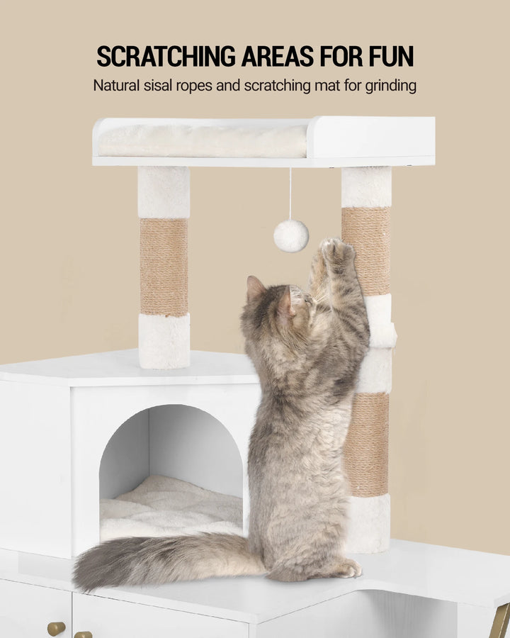 Meuble arbre à chat avec cache litière intégré et hamac