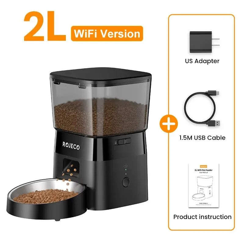 Distributeur de croquettes WiFi 2L noir avec adaptateur US et câble USB 1,5M.