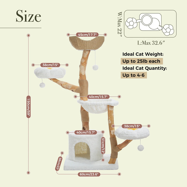 Arbre à chat 150 cm en bois massif avec panier tressé et plateformes fleur