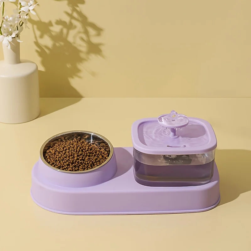 Distributeur d'eau et nourriture pour animaux, violet, avec bol en inox et fontaine intégrée.