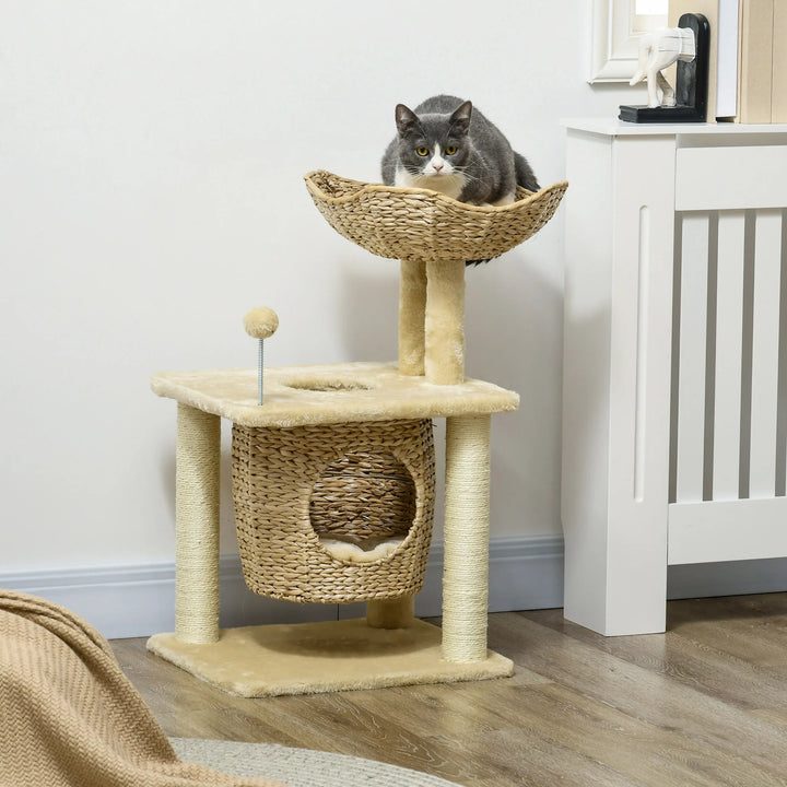Arbre à chat 74 cm beige avec niche et panier tressé