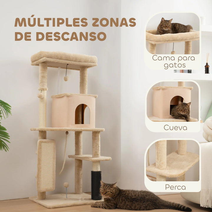 Arbre à chat 132 cm beige avec brosse intégrée et niche