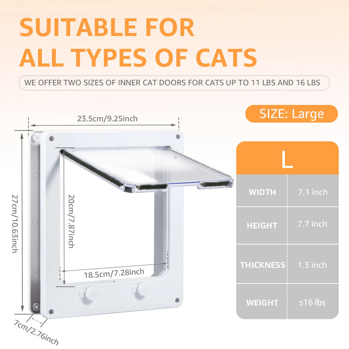 Porte intérieure pour chat, taille L, couleur blanche, matériau durable, supporte jusqu'à 16 lbs.
