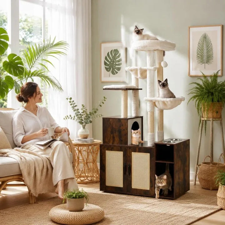 Meuble arbre à chat 3 en 1 avec cache litière et gamelles surélevées