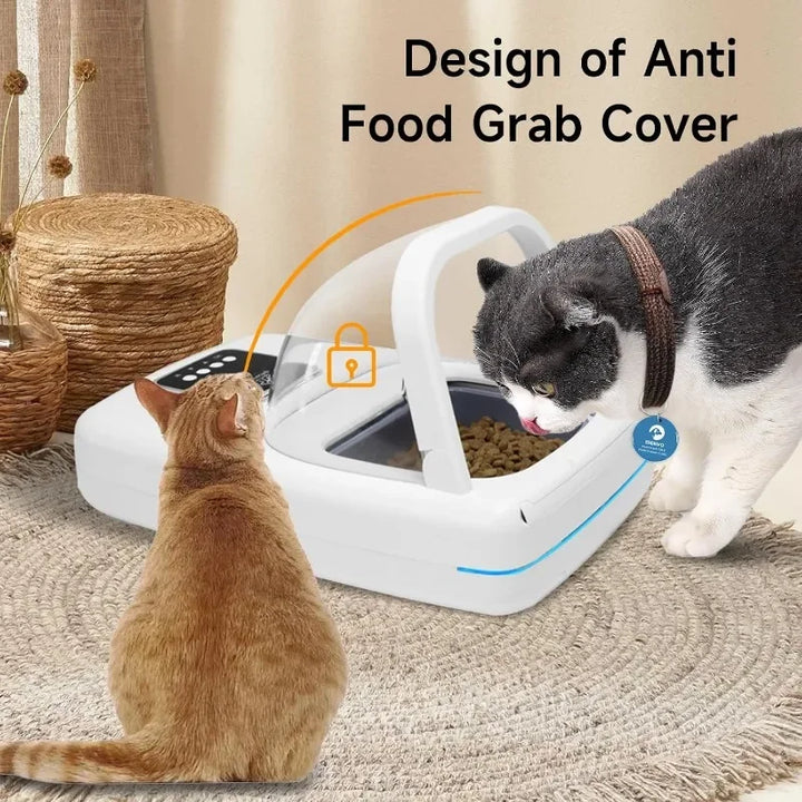 Distributeur automatique pour chats, couleur blanche, avec couvercle anti-food grab, design innovant.