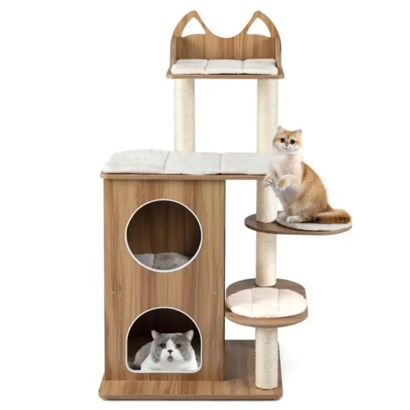 Arbre à chat 122 cm en bois naturel avec niche et coussin amovible