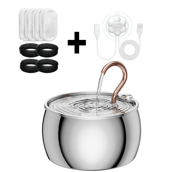 Fontaine pour animaux en acier inoxydable avec accessoires, coloris argent et cuivre, inclut filtres et adaptateur USB.