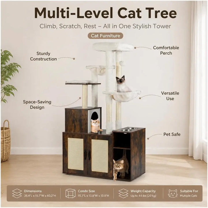 Meuble arbre à chat 3 en 1 avec cache litière et gamelles surélevées