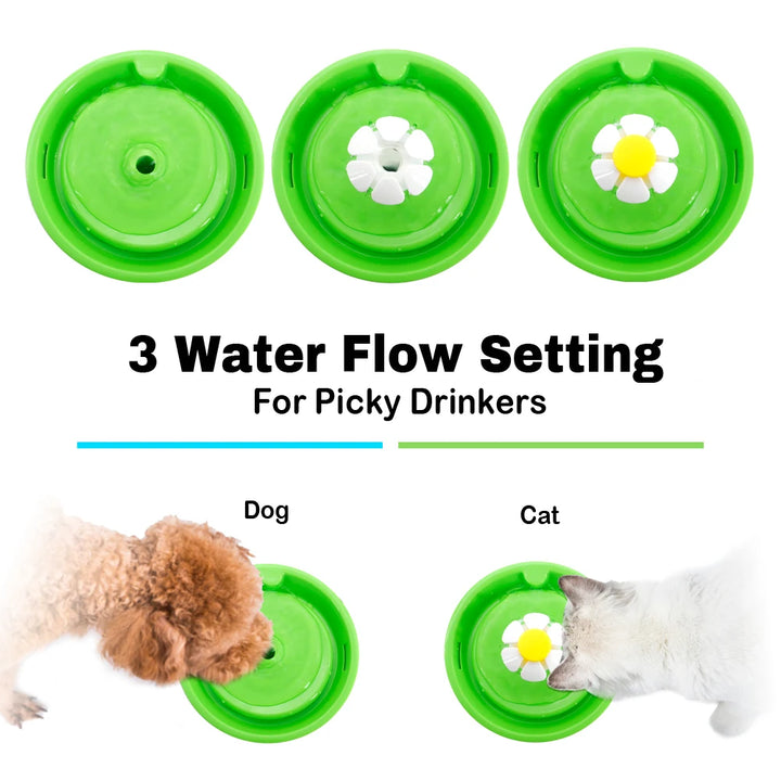 Fontaine pour animaux verte avec 3 réglages d'écoulement d'eau, idéale pour chiens et chats difficiles.