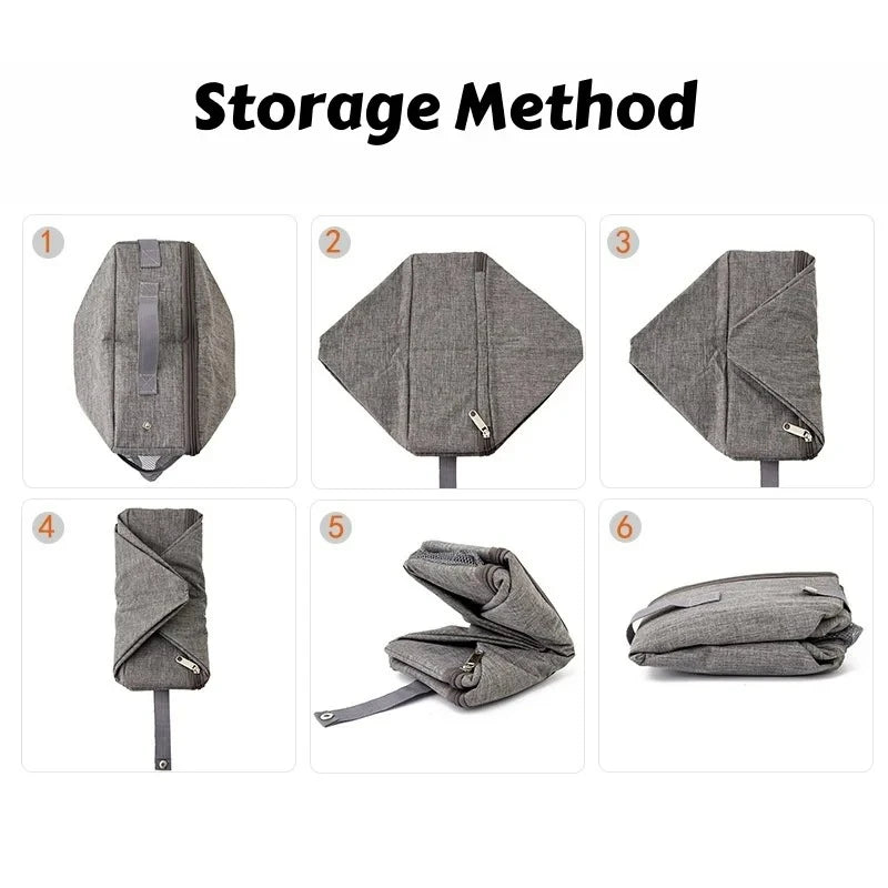 Sac de rangement gris en tissu, méthodes de pliage pour un rangement compact.