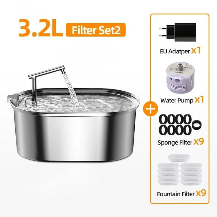 Fontaine d'eau 3,2L en acier inoxydable avec pompe, filtre éponge et adaptateur EU.
