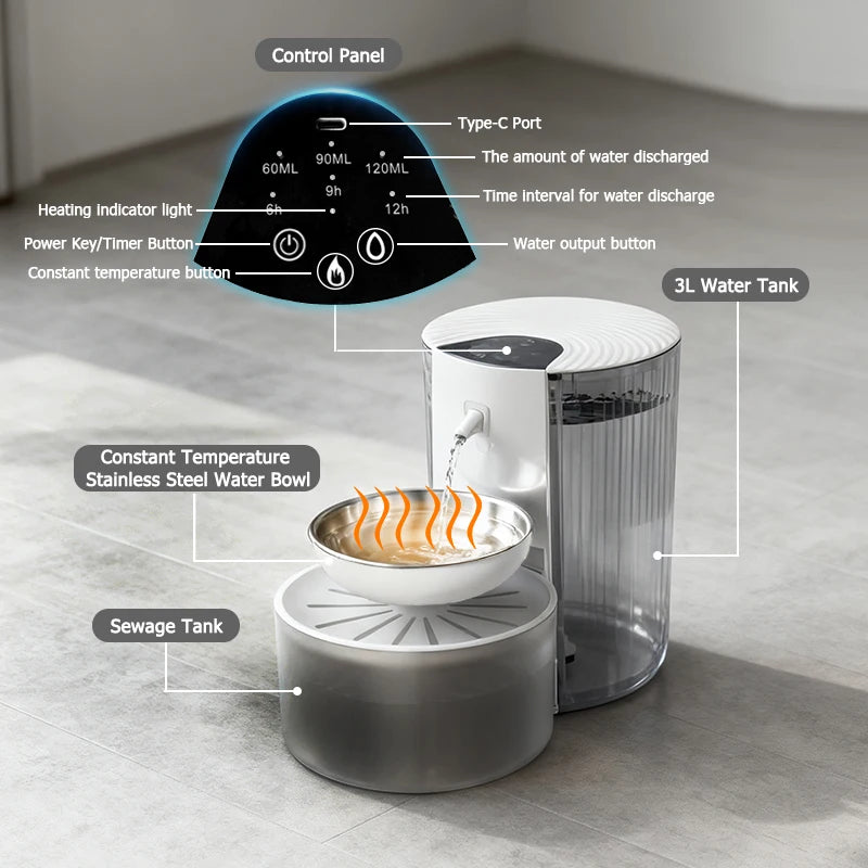 Fontaine à eau intelligente, réservoir de 3L, bol en acier inoxydable, température constante.
