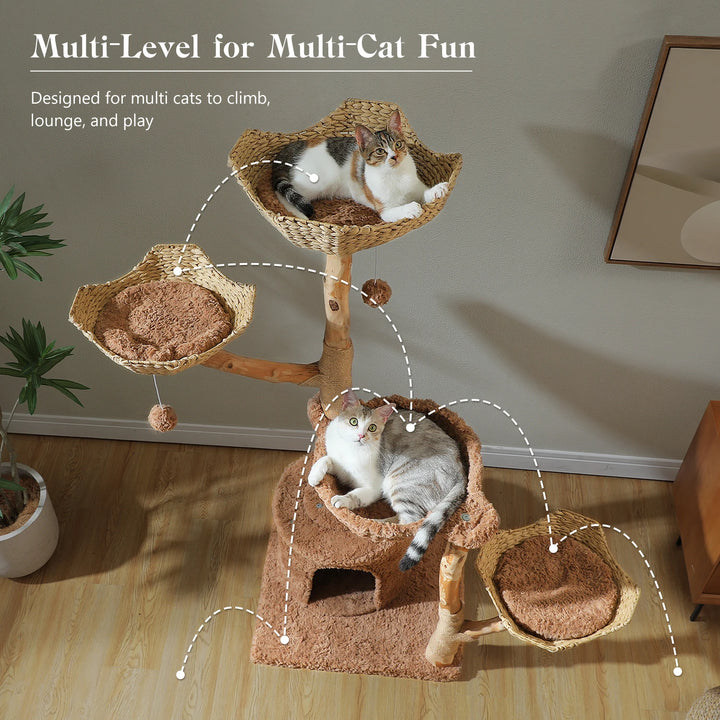 Arbre à chat 150 cm en bois massif avec panier tressé et plateformes fleur