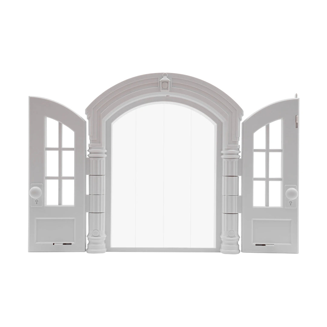 Porte double en plastique blanc avec fenêtres, design élégant pour décoration intérieure.