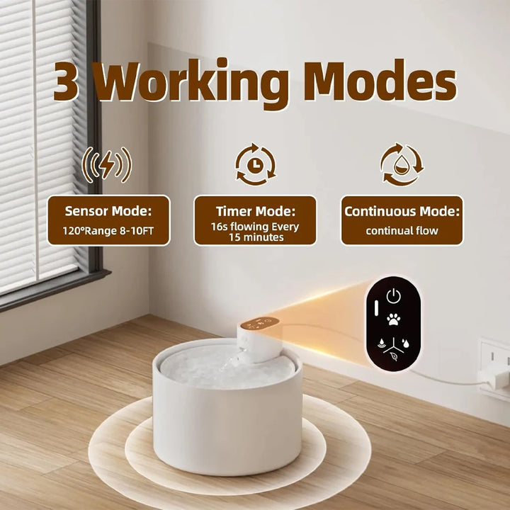 Fontaine pour animaux, mode capteur, blanc, programmable, eau circulante, design moderne.