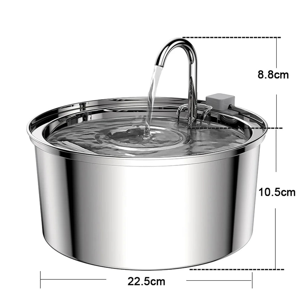 Fontaine pour animaux en inox, ronde, 22.5 cm, avec robinet pour eau propre et fraîche.