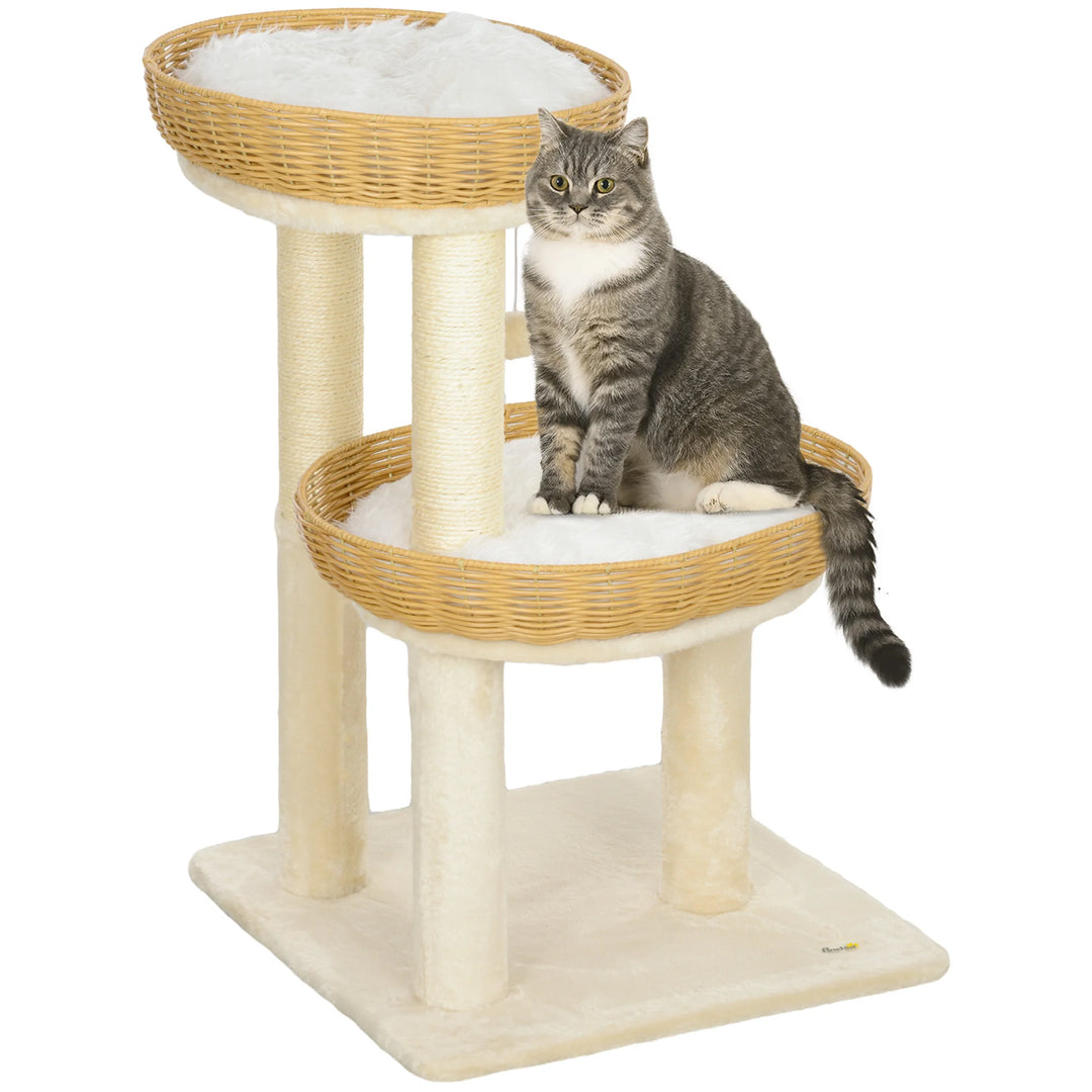 Arbre à chat 75 cm avec deux paniers en rotin et coussins lavables