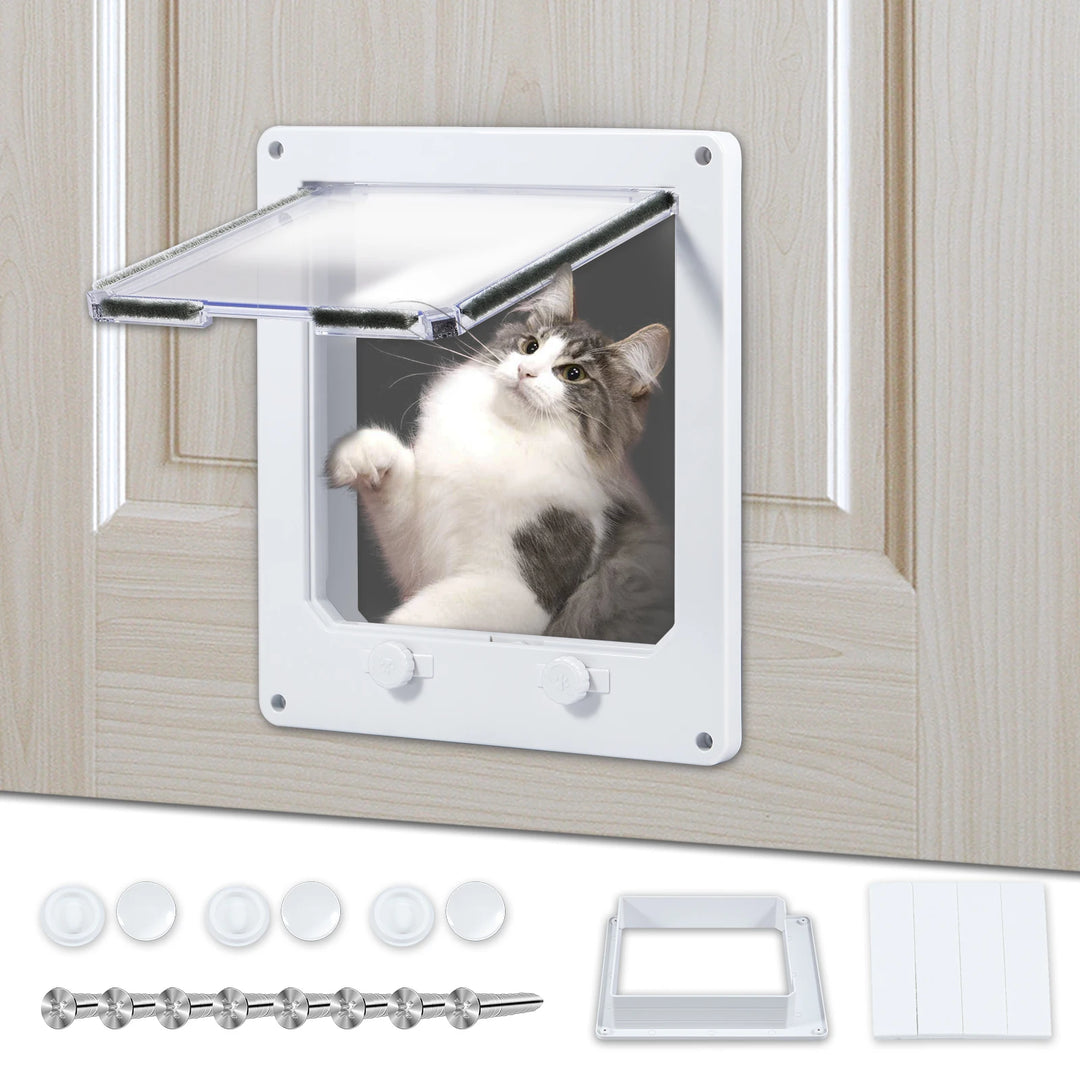 Chatière pour chat blanc, en plastique, avec couvercle transparent et accessoires de montage inclus.