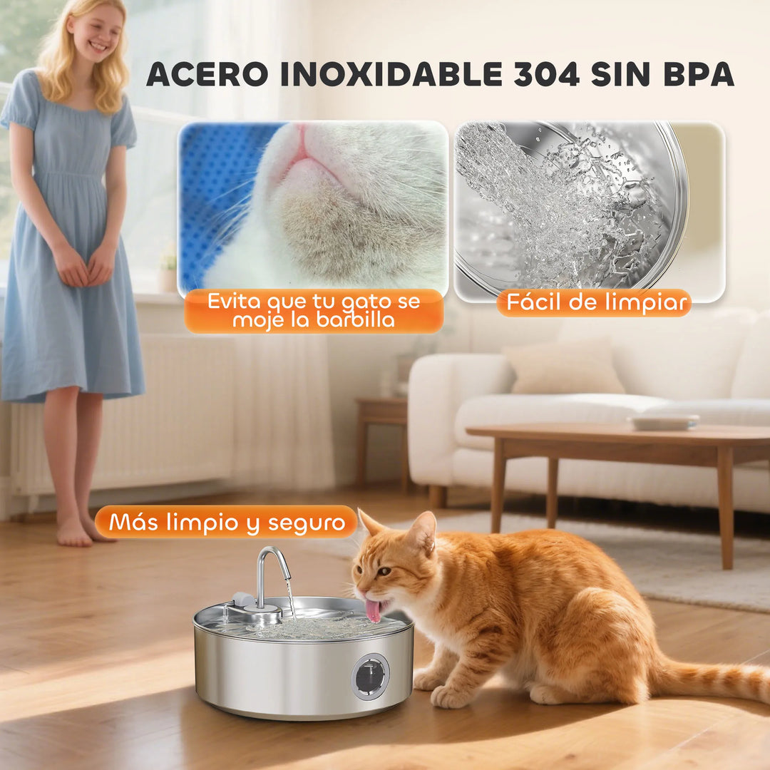 Fontaine pour chat en acier inoxydable 304, sans BPA, facile à nettoyer et anti-éclaboussures.