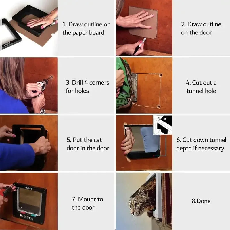 Instructions étape par étape pour installer une porte pour chat en plastique noir.