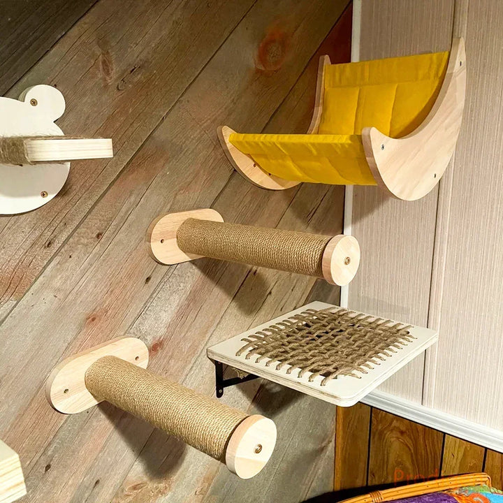 Wooden Wall-Mounted Cat Tree (Hammock, Stairs, Scratching Post) - AventureCiel