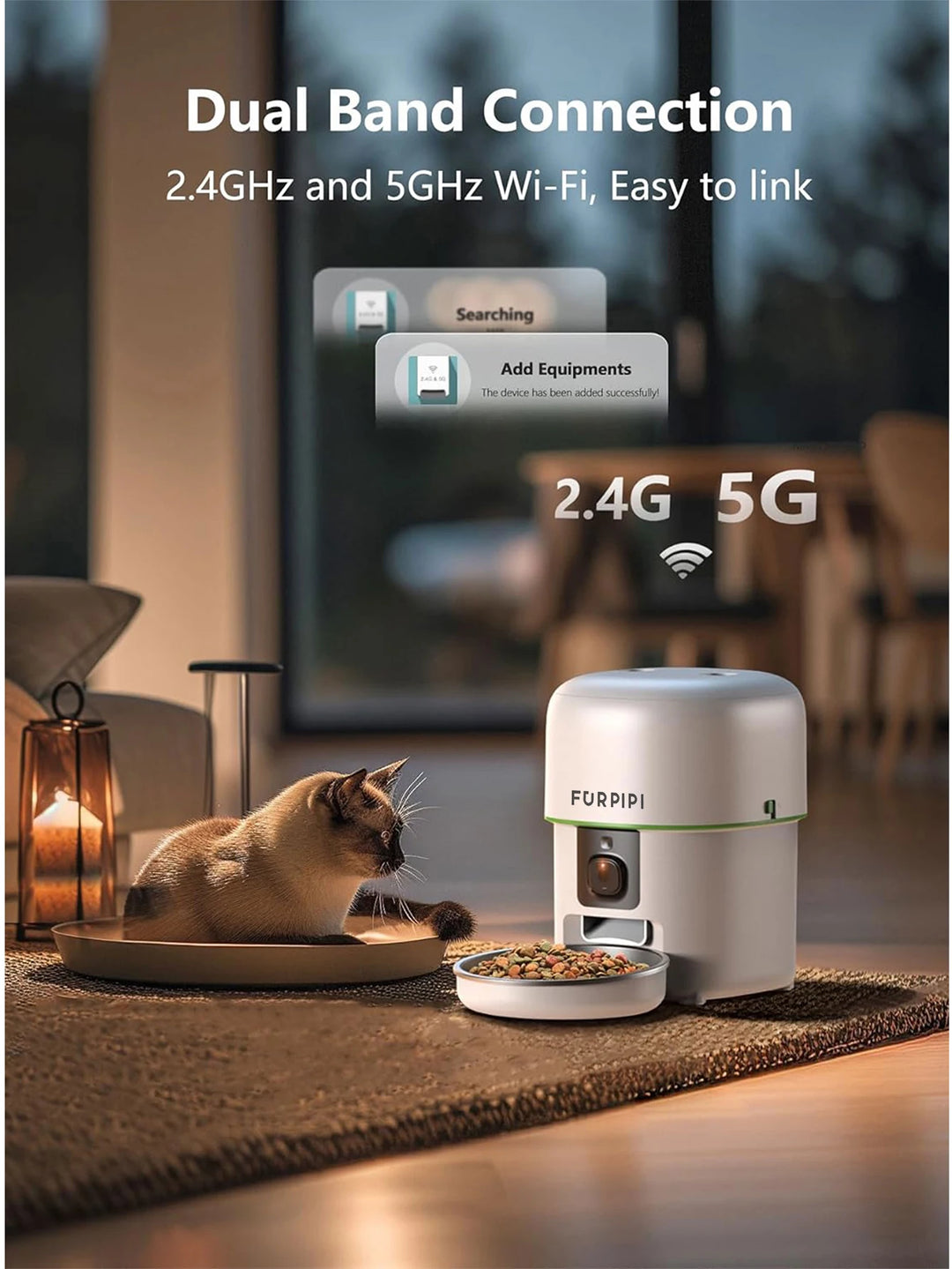 Distributeur de nourriture pour chat FURPIPI, connecté Wi-Fi 2.4GHz et 5GHz, design moderne, couleur blanche.